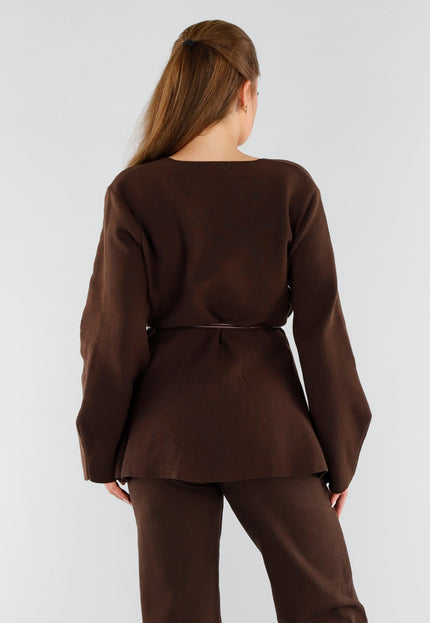 NEW051125 Bruine Overslag Trui met Ceintuur