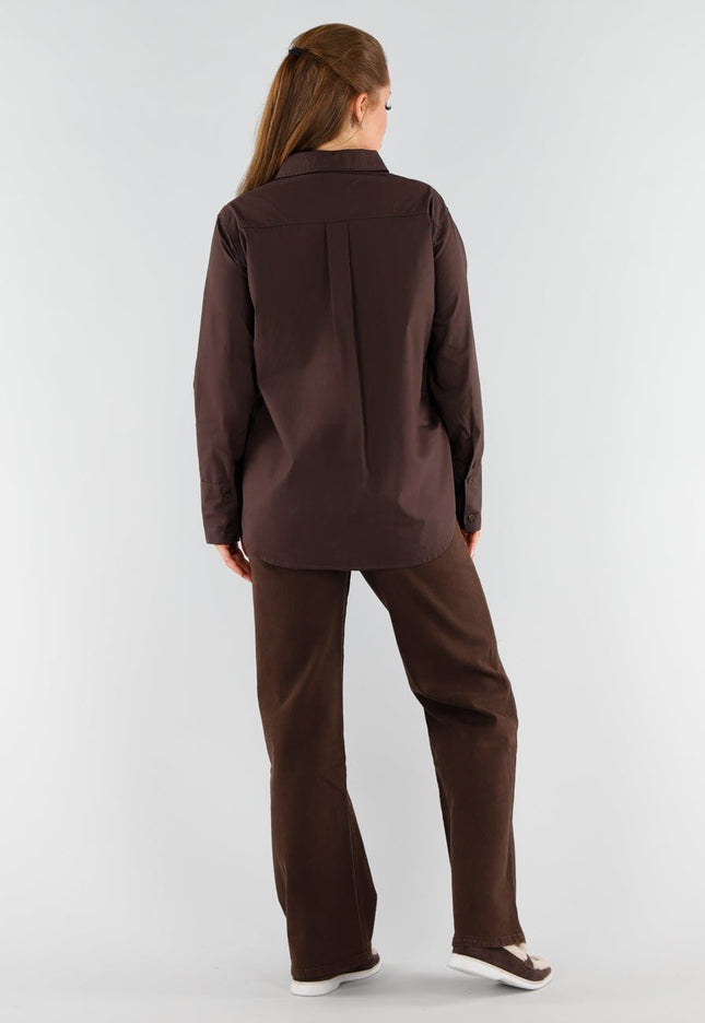 NEW051125 Chocoladebruine Blouse met Lange Mouwen