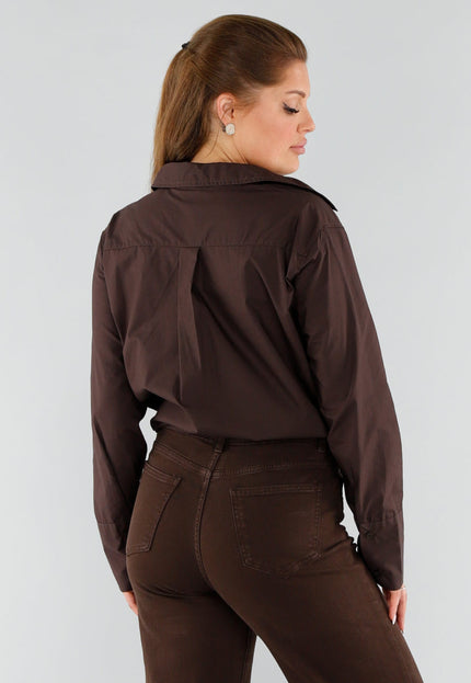 NEW051125 Chocoladebruine Blouse met Lange Mouwen
