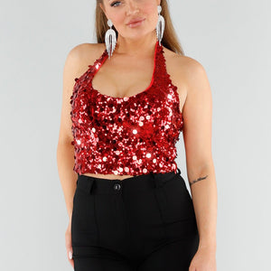 Rode Pailletten Halter Top