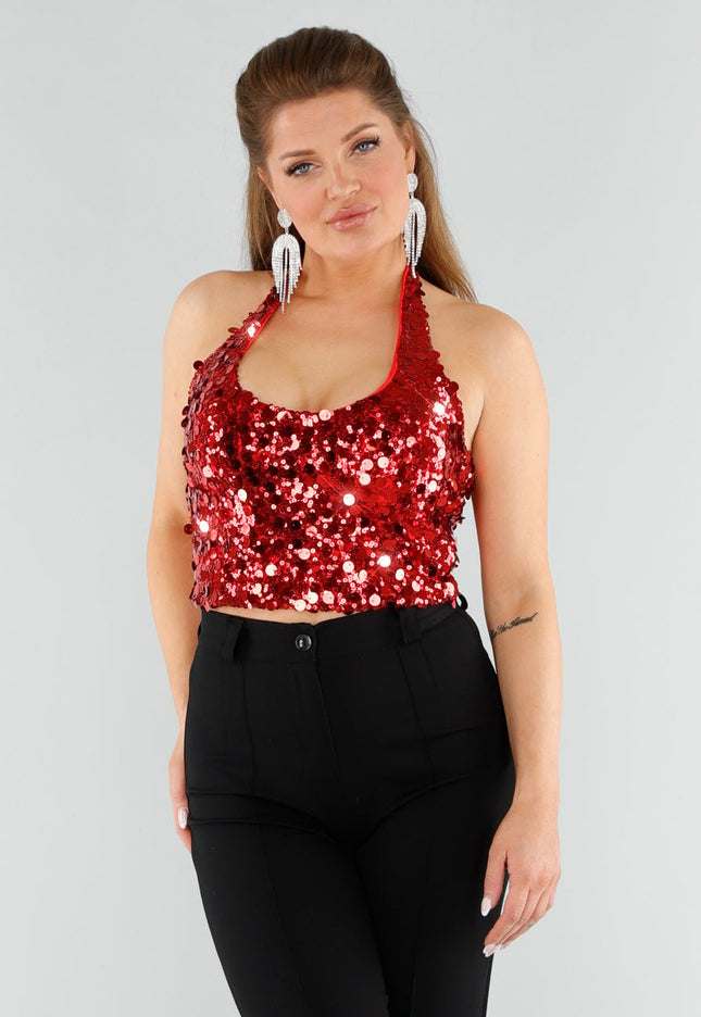 Rode Pailletten Halter Top