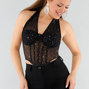 NEW051125 Zwarte Mesh Korset Top met Glitters