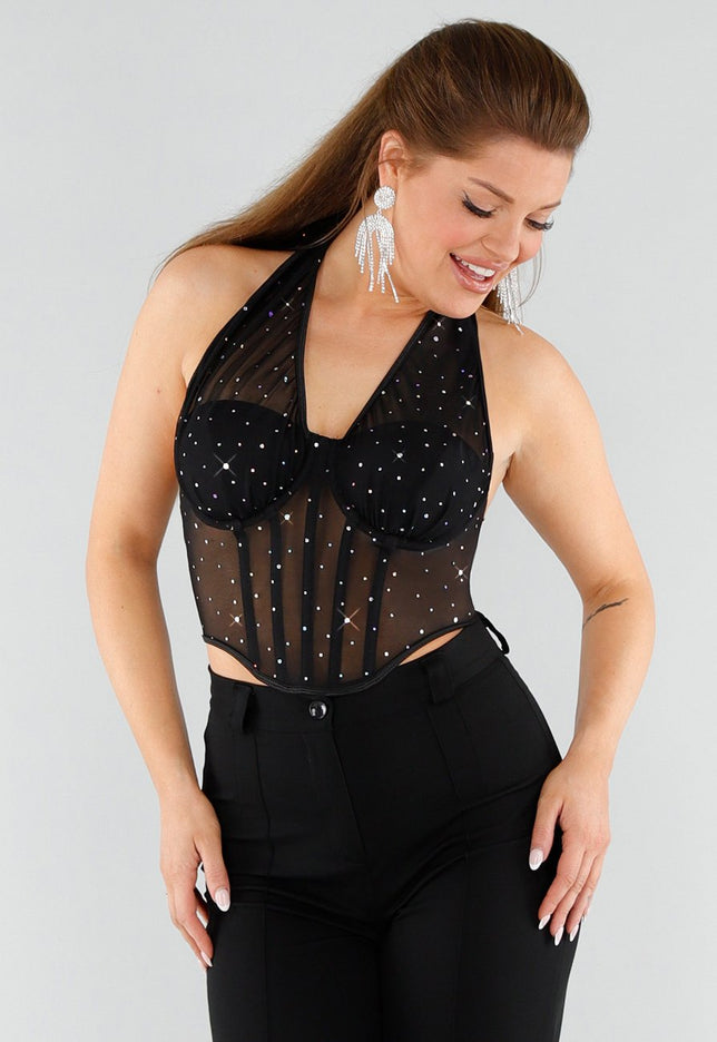 NEW051125 Zwarte Mesh Korset Top met Glitters