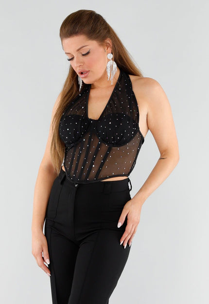 NEW051125 Zwarte Mesh Korset Top met Glitters