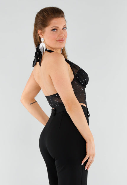 NEW051125 Zwarte Mesh Korset Top met Glitters