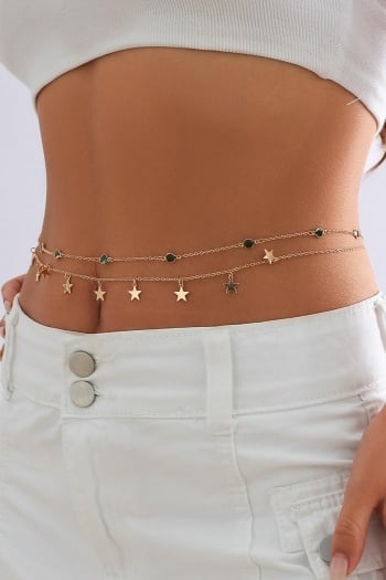 NEW0603 Gouden Bodychain met Sterretjes en Groene Steentjes