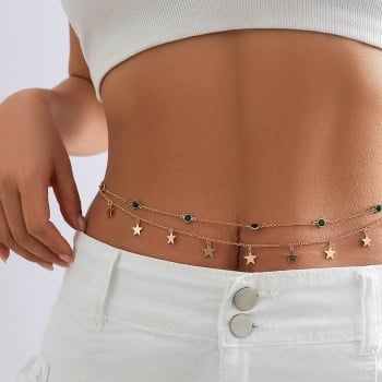 NEW0603 Gouden Bodychain met Sterretjes en Groene Steentjes