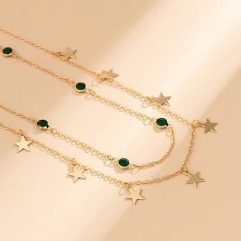 NEW0603 Gouden Bodychain met Sterretjes en Groene Steentjes