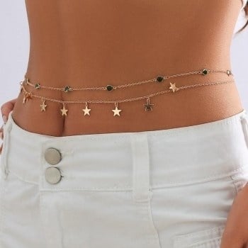 NEW0603 Gouden Bodychain met Sterretjes en Groene Steentjes