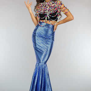 KOSTUUM Metallic Blauwe Zeemeermin Schubben Rok