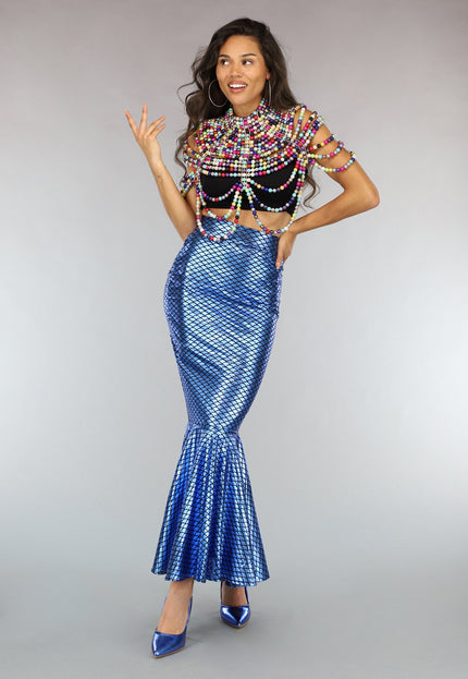 KOSTUUM Metallic Blauwe Zeemeermin Schubben Rok