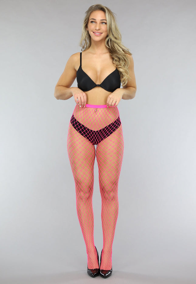 NEW0603 Neon Roze Netpanty met Grote Fishnet