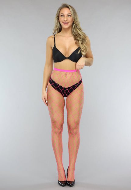 NEW0603 Neon Roze Panty met Extra Grote Fishnet