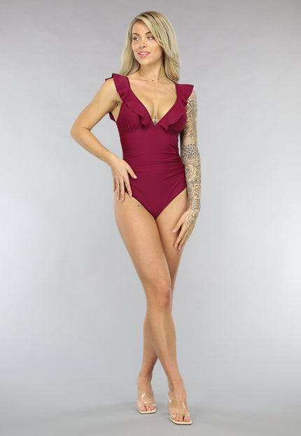 NEW0603 Wijnrood Badpak met Ruches en Uitneembare Pads