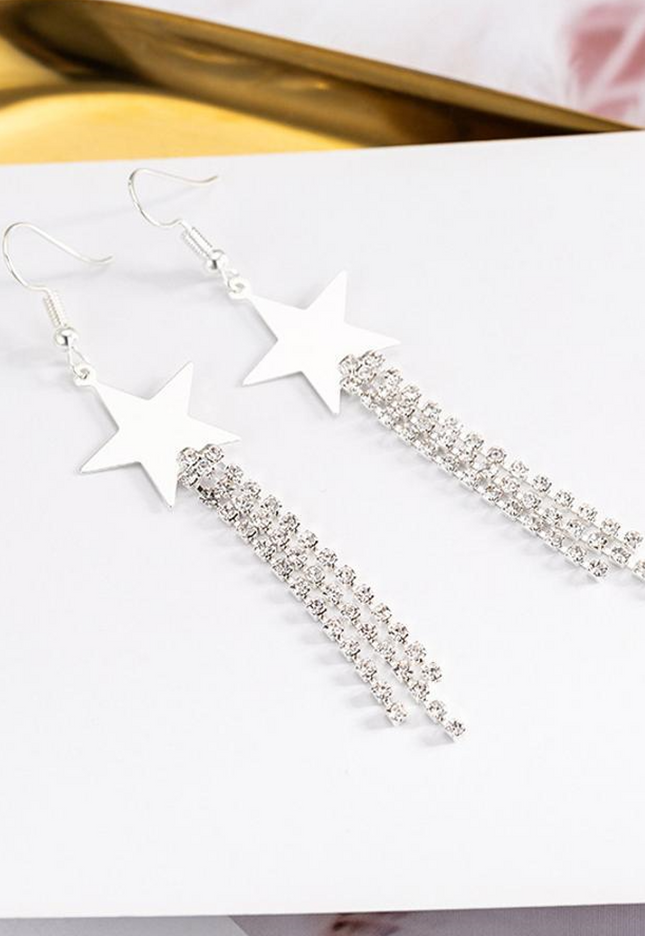 NEW0603 Zilveren Sterren Oorbellen met Strass Fringe