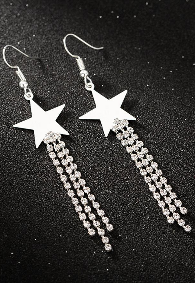 NEW0603 Zilveren Sterren Oorbellen met Strass Fringe