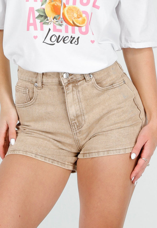 NEW060526 Beige Denim Short met Wassing