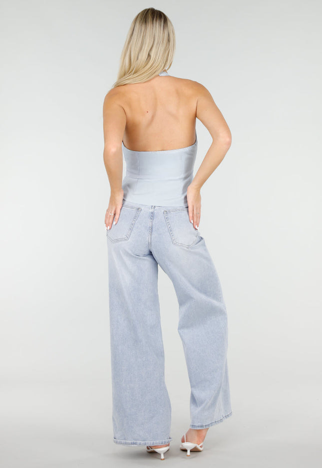 NEW060526 Lichtblauwe Halter Top met Open Rug