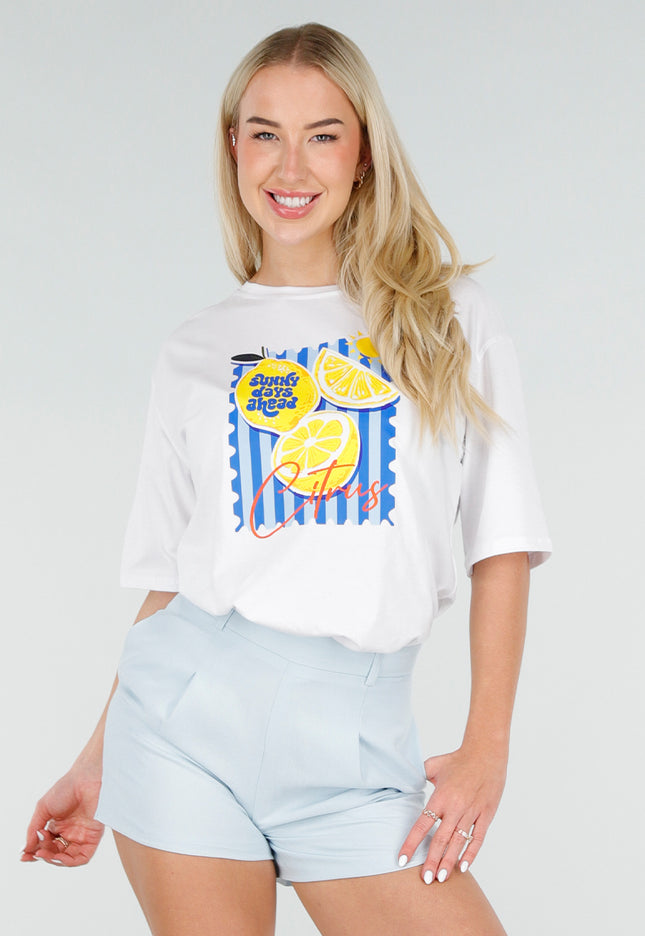 NEW060526 Wit Katoenen T-shirt met Citrus Print