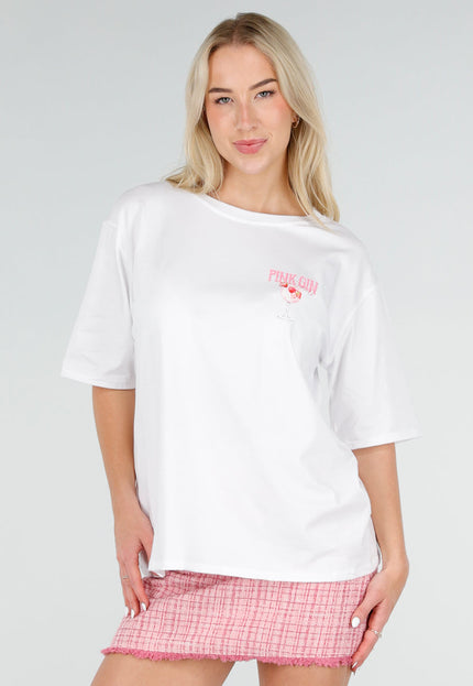 NEW060526 Wit Katoenen T-shirt met Pink Gin Print