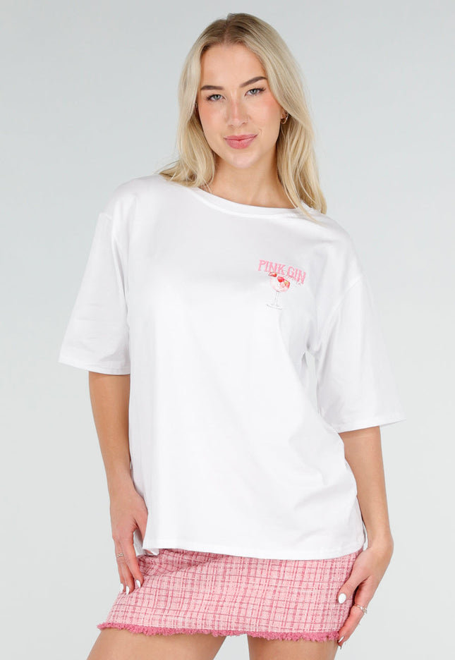 NEW060526 Wit Katoenen T-shirt met Pink Gin Print