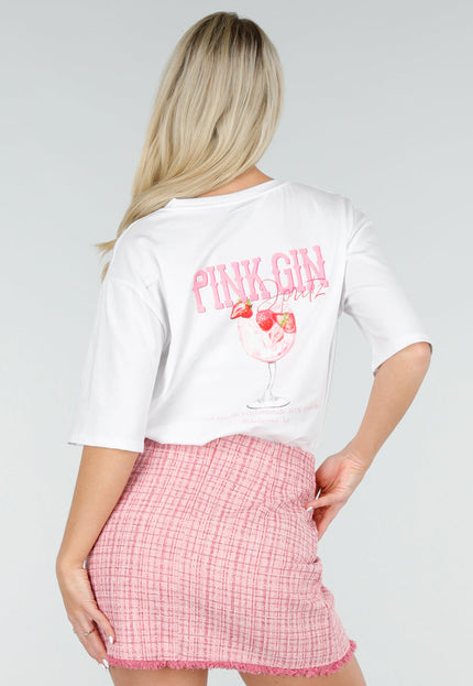 NEW060526 Wit Katoenen T-shirt met Pink Gin Print