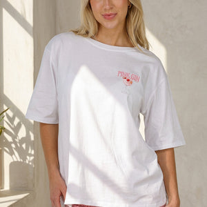 NEW060526 Wit Katoenen T-shirt met Pink Gin Print