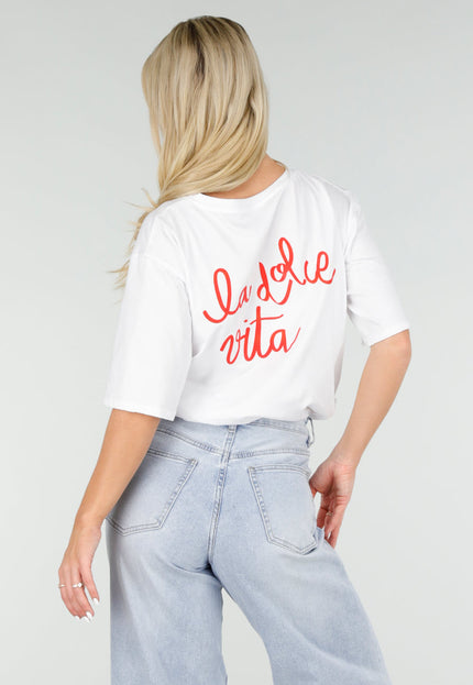 NEW060526 Wit T-shirt met Rode La Dolce Vita Print