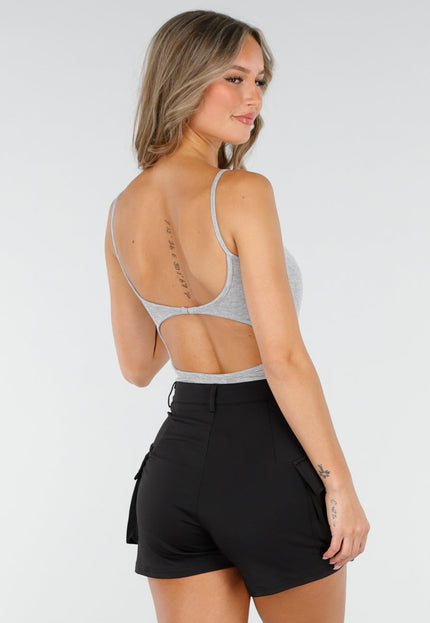 NEW060825 Grijze Rib Bodysuit met Pads