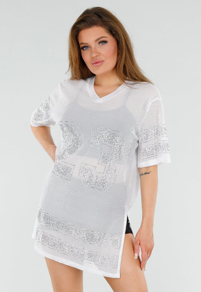 NEW060825 Witte T-Shirtjurk met Strass