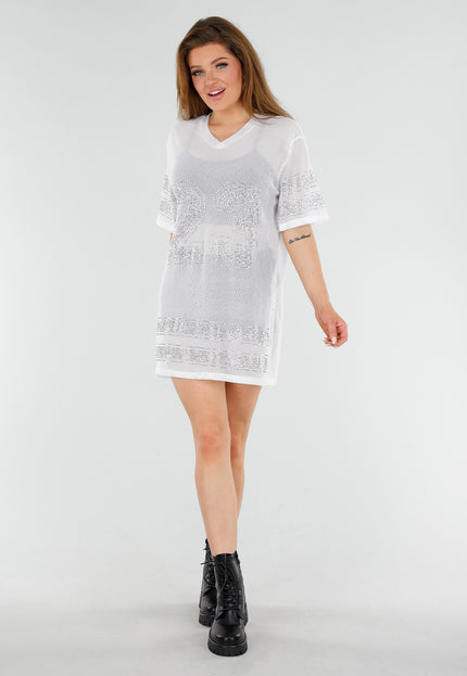 NEW060825 Witte T-Shirtjurk met Strass