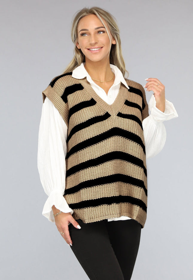 OP=OP.05.NL Beige/Zwarte Gebreide Jumper