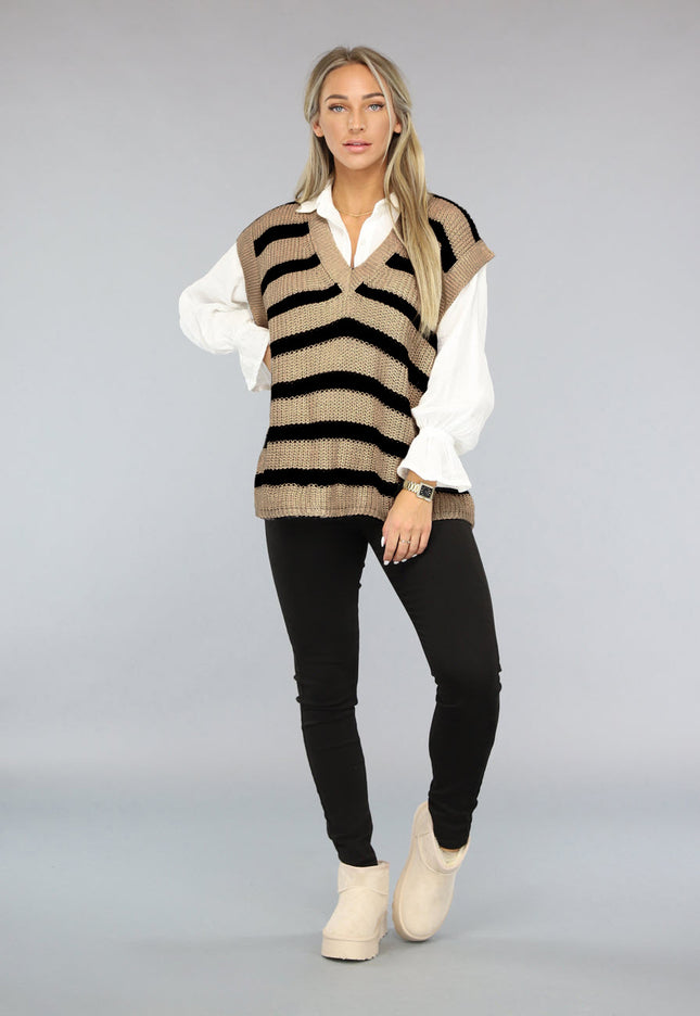 OP=OP.05.NL Beige/Zwarte Gebreide Jumper
