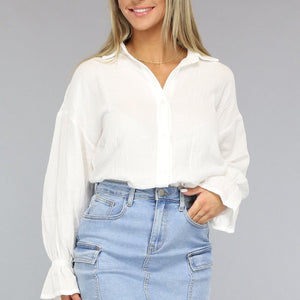 NEW0609 Witte Mousseline Blouse met Trompetmouwen