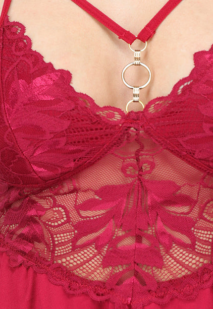 NEW0611 Bordeaux Rode Kanten Slipdress