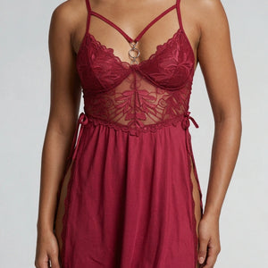 NEW0611 Bordeaux Rode Kanten Slipdress