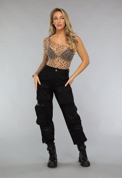 NEW0612 Nude One Shoulder Catsuit met Panter Print