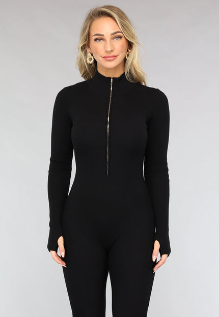 NEW0612 Zwarte Longsleeve Jumpsuit van Ribstof