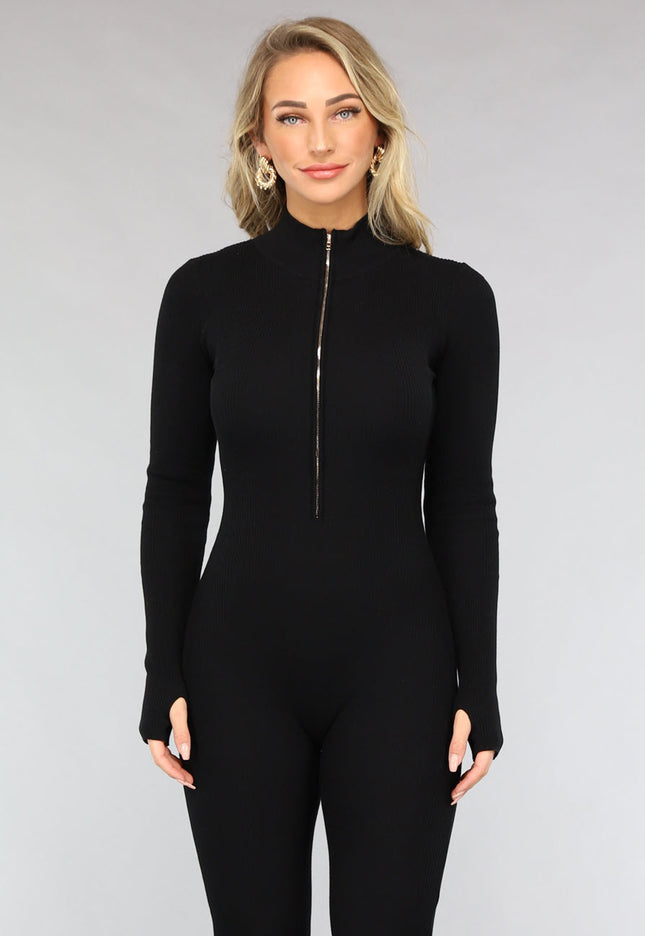 NEW0612 Zwarte Longsleeve Jumpsuit van Ribstof