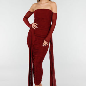 NEW070126 Bordeaux Off Shoulder Jurk