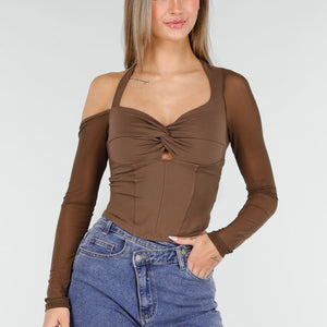 OP=OP.06.NL Bruine One Shoulder Mesh Top