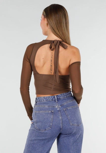 OP=OP.06.NL Bruine One Shoulder Mesh Top