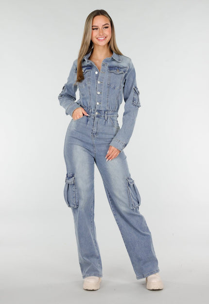 NEW070126 Denim Cargo Jumpsuit Blauw