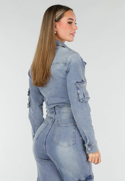NEW070126 Denim Cargo Jumpsuit Blauw
