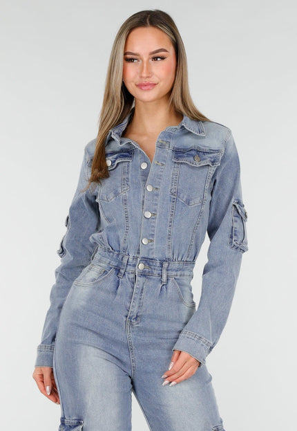 NEW070126 Denim Cargo Jumpsuit Blauw