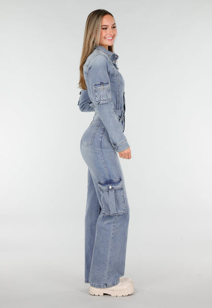 NEW070126 Denim Cargo Jumpsuit Blauw
