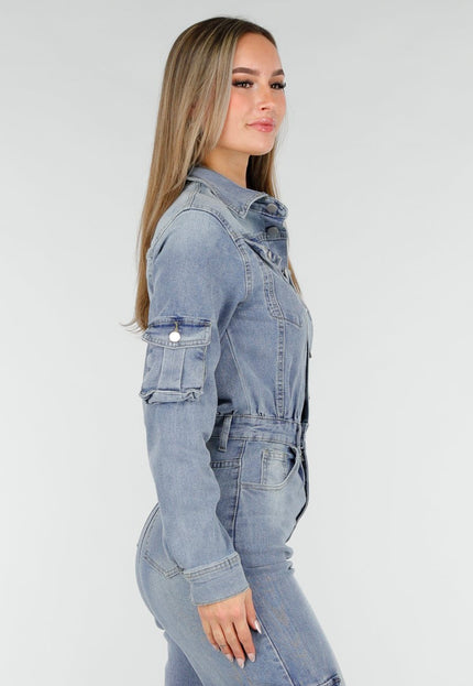 NEW070126 Denim Cargo Jumpsuit Blauw