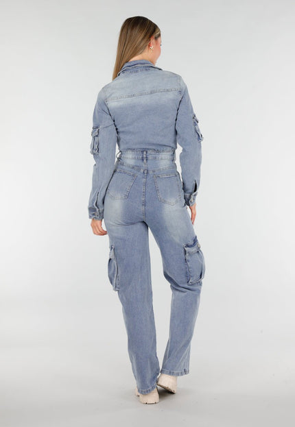 NEW070126 Denim Cargo Jumpsuit Blauw