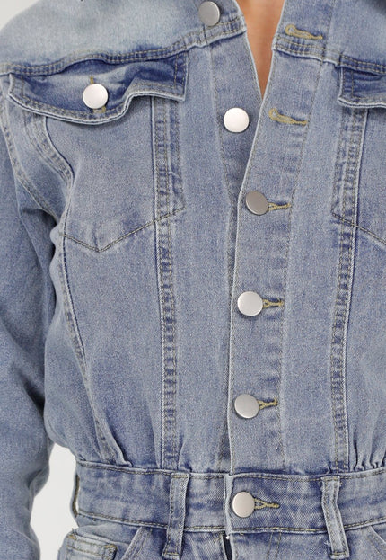 NEW070126 Denim Cargo Jumpsuit Blauw