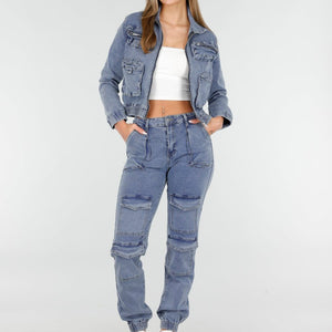 NEW070126 Denim Cargo set blauw